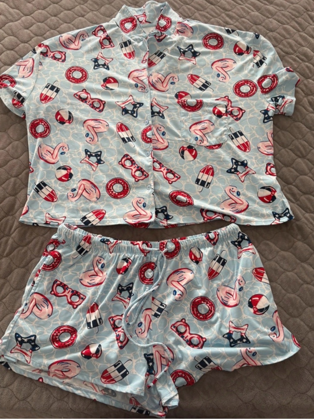 Women’s Light Blue Flamingo & Summer Print Pajama Set
